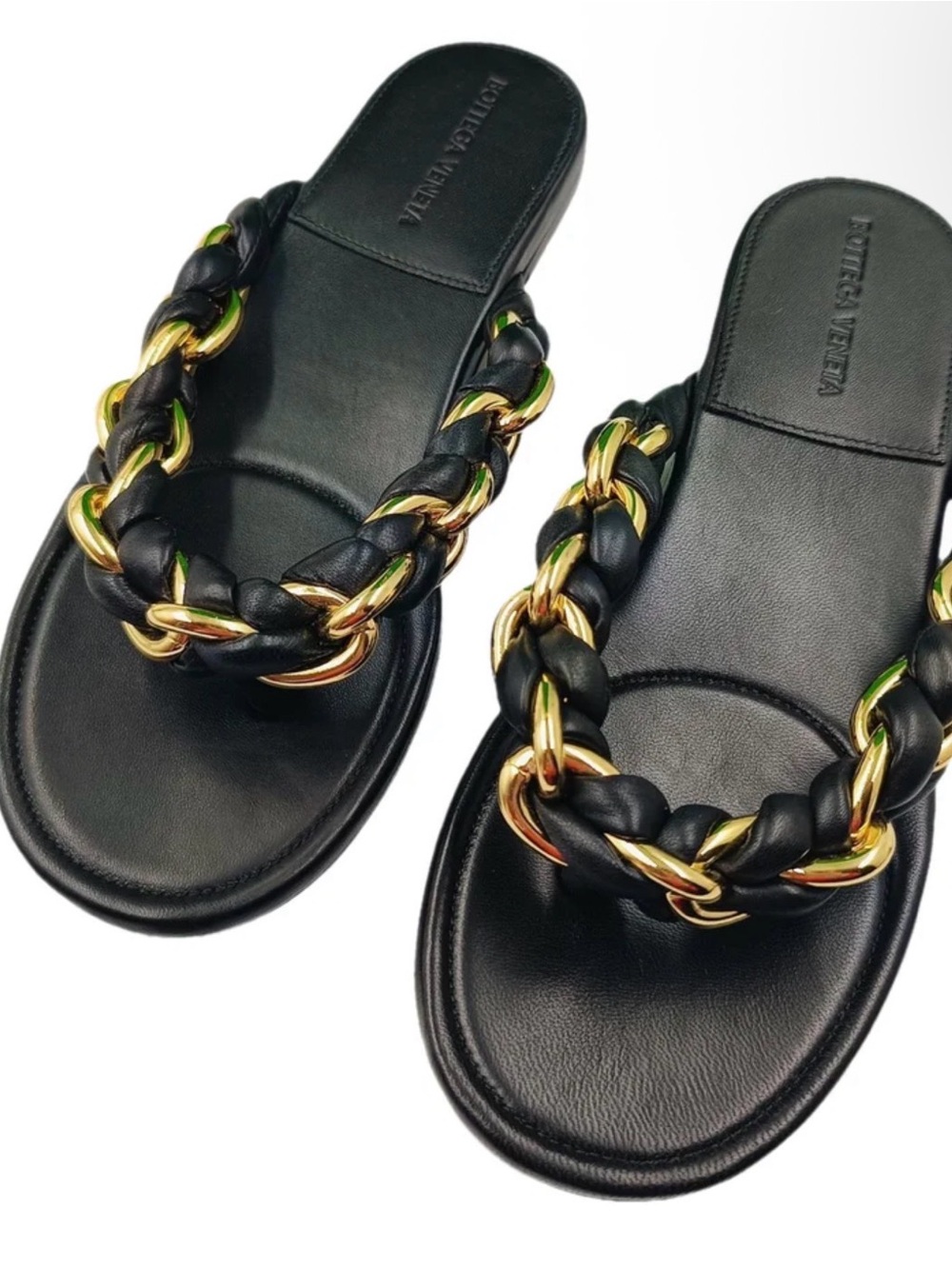 Bottega Veneta Black Leather Slide Sandals with Gold Chain Detail